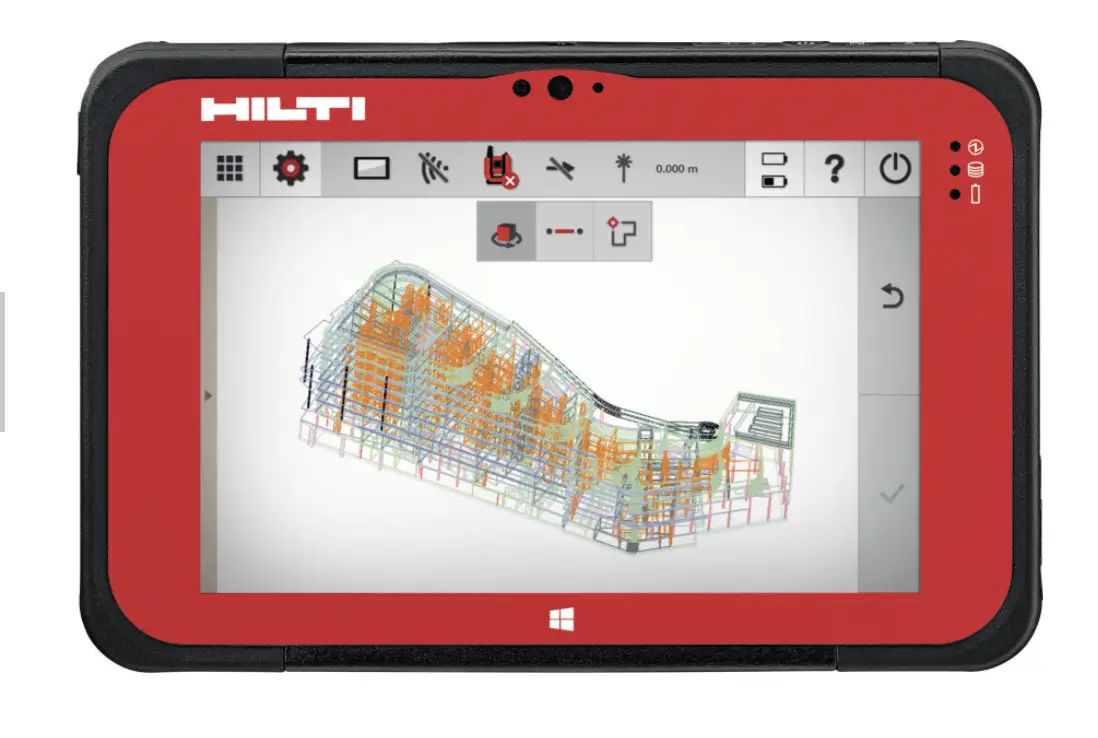 A red and black Hilti rugged tablet displaying a 3D structural building model.