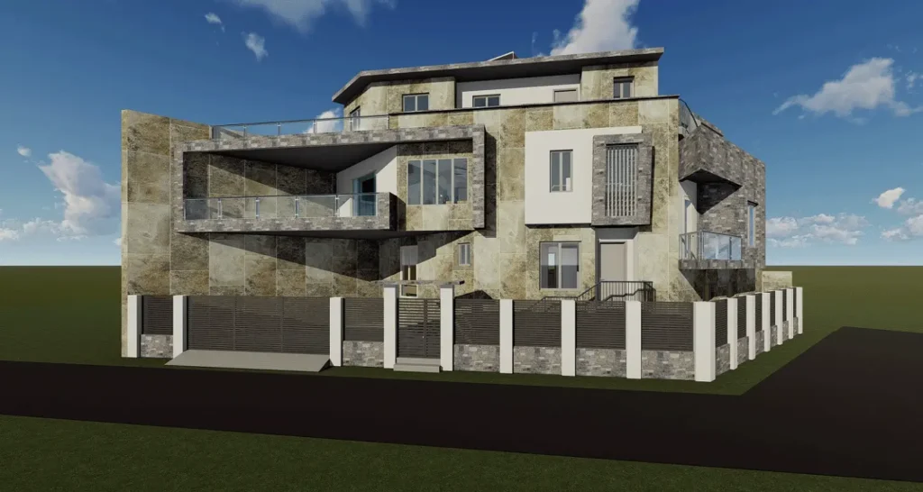 Modern three-story stone villa with glass balconies and a matching perimeter fence.