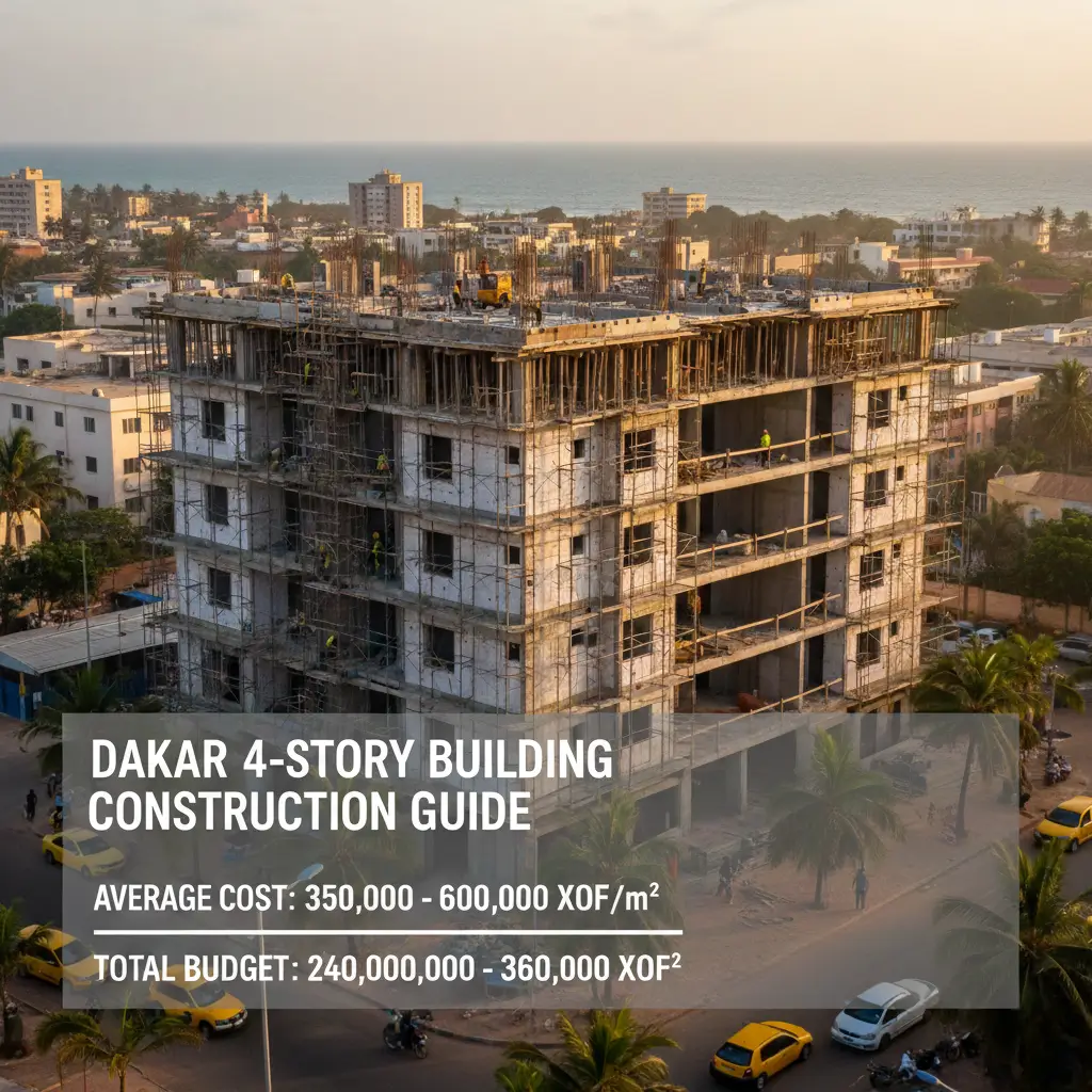 Multi-story building under construction with scaffolding, workers, and cranes in an urban coastal area.